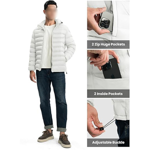 <b>Men's</b> White Hooded Puffer <b>Jacket</b> Windproof Zipper Closure Polyester Winter Coat Casual Style Regular Fit - Product Image 4