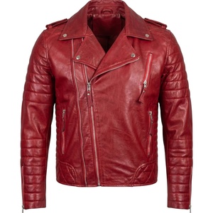 Chaqueta de cuero roja clásica estilo motero para hombre, abrigo de motociclista de moda casual - Product Image 1