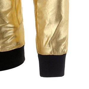 Men's Gold PU Bomber <b>Jacket</b> Stand Collar Zipper Front Casual Slim Fit Outerwear Autumn Wear - Product Image 2
