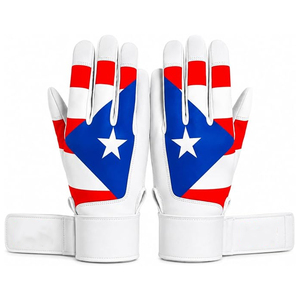 Guantes de bateo de cuero PU blancos, rojos y azules con diseño de la bandera de Puerto Rico, guantes de entrenamiento de béisbol a la moda para adultos. - Product Image 1
