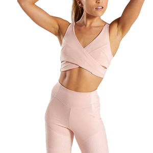 <b>Pink</b> Cross Front Sports Bra <b>High</b> Neck Yoga Fitness <b>Top</b> Seamless Women's Workout Wear - Product Image 1