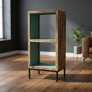 Étagère rustique en bois et fer à 2 cubes avec étagères ouvertes et finition vieillie pour le rangement dans le salon - Product Image 4