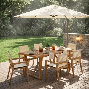 Set da Pranzo Moderno da Esterno in Legno di Acacia, 7 Pezzi: 6 Sedie e 1 Tavolo Grande per Giardino, Prato o Terrazza - Product Image 1