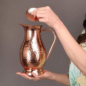 Pichet à eau en cuivre pur 70 onces, fait main, martelé, grande carafe, bienfaits ayurvédiques, style vintage pour la maison et les cadeaux - Product Image 5