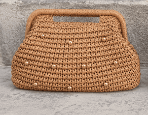 Pink Crochet Clutch With Pearl Embellishments Bohemian Style Summer <b>Handbag</b> Open Top Daily Use Women's Bag - Product Image 3