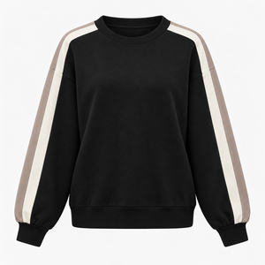 Sudadera negra para mujer con rayas en contraste y paneles de manga en blanco y taupe, cuello redondo oversize, puños acanalados, top deportivo informal para el día a día. - Product Image 1
