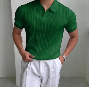 Men's Black <b>Waffle</b> Fabric Knitted for <b>Shirt</b> Short Sleeve Solid Color Smart Casual Breathable Turn Collar Regular Fit Back Neck - Product Image 1
