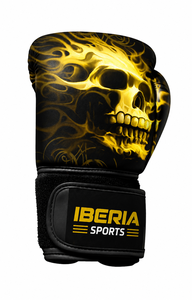 ถุงมือชกมวย IBERIA รุ่นพรีเมียมสีดำ ลายหัวกะโหลกเปลวไฟสีทอง ถุงมือฝึกซ้อม หนัง PU รับทำโลโก้ตามสั่ง ขายส่งอุปกรณ์กีฬา - Product Image 2