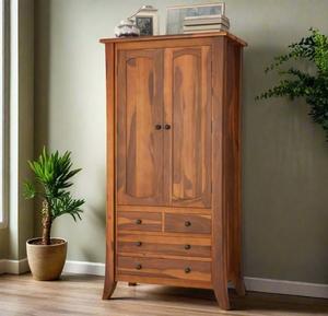 Stylish dual-tone off-white and dark wood four door wardrobe with pill-shaped oval accents and handles, available at wholesale. - Product Image 3
