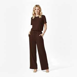 Conjunto de punto cómodo para mujer, estilo urbano de verano, top de manga corta y pantalones anchos con cordón, dos piezas informales. - Product Image 6