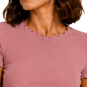 Top Corto Acanalado Rosa Polvoriento para Mujer, Manga Corta, Cuello Redondo con Volantes, Algodón y Spandex, Ajuste Delgado, Camiseta Casual de Verano, OEM Personalizado - Product Image 5