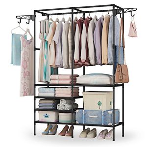 Porte-vêtements multifonctionnel autoportant en métal avec étagères pour le rangement des vêtements et des chaussures dans la garde-robe - Product Image 3