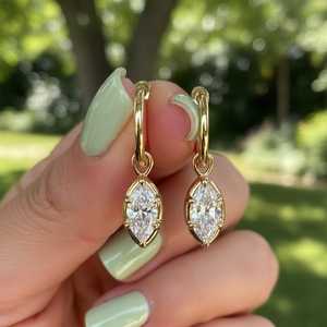 Pendientes colgantes delicados con diamante de corte marquesa de 1.21 quilates cultivado en laboratorio, oro macizo de 14 quilates, joyería fina de última moda para mujer, regalo de boda - Product Image 4