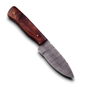 มีดเหล็กดามัสกัสแบบดรอปพอยท์ ใบมีดคงที่ สำหรับล่าสัตว์ ตั้งแคมป์ เอาตัวรอด คมกริบ 58 HRC ด้ามไม้ตามหลักสรีรศาสตร์ รับผลิตแบบ OEM/ODM - Product Image 1