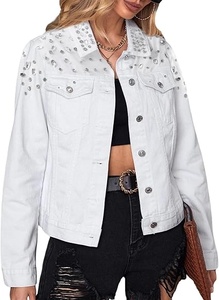 White Denim Jacket With Rhinestone Rivet Decoration Turn-down Collar Single Breasted Casual Style Regular Sleeve Spring Wear - Product Image 6