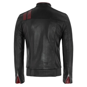 Vestes streetwear pour hommes en cuir véritable noir avec accents de rayures rouges, col montant, fermeture éclair sur le devant, coupe ajustée, vêtements d'extérieur d'hiver personnalisés de qualité supérieure - Product Image 6