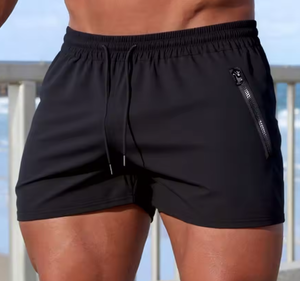 Shorts de bain pour hommes, couleur unie, décontractés, pour la plage, séchage rapide, pour la course à pied, la remise en forme, la salle de sport, avec poche zippée - Product Image 4