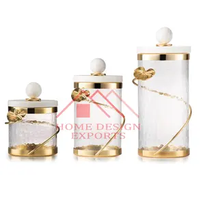 Food Canister with Marble Lids High Quality Tea Coffee Sugar Biscuit Cookies Storage Glass Canister with Flower Lids