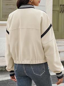 Chaqueta Bomber Beige para Mujer con Rayas de Contraste Negras, Cierre de Botones, Manga Larga, Estilo Deportivo Informal - Product Image 2