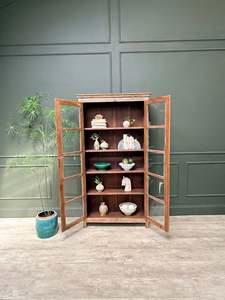 <b>Vintage</b> Display Cabinet Rustic Solid Timber Glazed Cupboard Farmhouse Bookcase Showcase Double Glass <b>Doors</b> Living Room Dining - Product Image 2