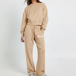 Custom Women Beige Sweatsuit Set Two Piece Heavyweight Cropped <b>Crewneck</b> Sweatshirt and Wide Leg Drawstring Sweatpants Loungewear - Product Image 1