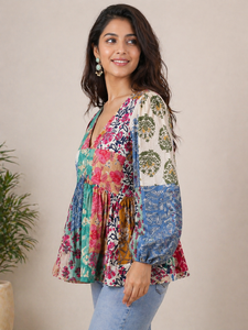 Wholesale Women Woven 100% Cotton Patchwork Print Boho Peplum Blouse Deep V Neck Long Sleeve <b>Cross</b> Back <b>Top</b> - Product Image 3