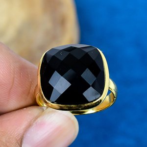 Bague en onyx noir naturel fait main, forme coussin, pierre précieuse, or 18 carats, argent sterling 925 - Product Image 2