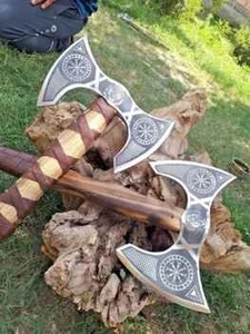 Tête de hache en acier à haute teneur en carbone de qualité industrielle, 5 lames coupantes, manche en bois de rose avec poignée en cuir - Hache ZA DAMASCUS MAKERS - Product Image 4