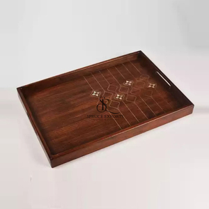 Bandeja rectangular de madera para servir con elegante incrustación de nácar y asas, perfecta para decoración del hogar y eventos. - Product Image 1