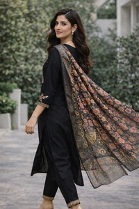 High on Demand Women's <b>Black</b> Kurti Set 3/4 Sleve Cotton Silk Full Stitched for Regular and Festive Occasions - Product Image 3