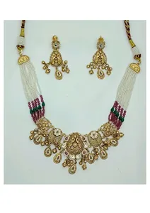 Royal Gold Tone Temple Necklace <b>Set</b> with Multicolor <b>Beaded</b> Strands and Matching Dangle Earrings for Wedding and Festive Wear - Product Image 2