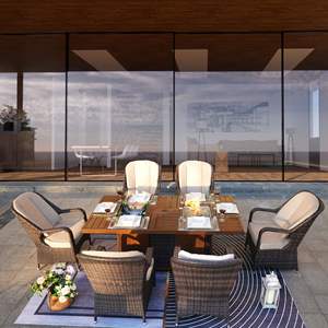 Ensemble de salle à manger de jardin 7 pièces avec foyer au gaz et bac à glace, table rectangulaire et 6 chaises hauteur standard pour usage extérieur - Product Image 3