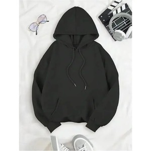 Sudadera con Capucha Negra Extra Grande, Manga Larga, Color Sólido, Felpa, Informal, Unisex, para Otoño 2027 - Product Image 2