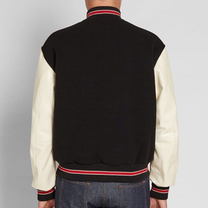Veste varsity noire pour homme avec manches en PU crème, col rabattu, fermeture à boutons, vêtement décontracté pour l'automne - Product Image 2