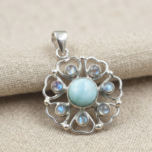 Wholesale 925 Sterling Silver Larimar Blue <b>Fire</b> Rainbow Moonstone Floral Mandala Pendant Handmade Women Bohemian Gold Plated - Product Image 6