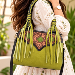 Sac fourre-tout en cuir brodé à franges et pompons, style bohème, pour femme, multi-usages, sac à main à bandoulière, dernière collection de créateurs. - Product Image 3