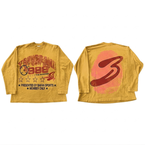 Camiseta de manga larga para mujer, jersey de algodón premium GSM, color mostaza, estampado gráfico vintage, logotipo personalizado, corte relajado, cuello cómodo. - Product Image 1