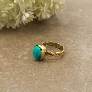 Vintage Oval <b>Turquoise</b> <b>Ring</b> 14K Gold Plated Scalloped Infinity Band Boho Western Unisex Daily Wear Jewelry - Product Image 3