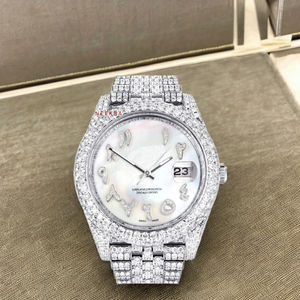 Montre de fête en diamant à cadran en nacre faite à la main, montre Moissanite à chiffres arabes de style Hip Hop, montre Moissanite réglée à la main - Product Image 3