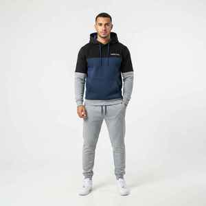 Ensemble de survêtement à capuche pour homme HAWK EYE, couleur contrastée, sweat-shirt décontracté à manches longues avec poches à cordon, gris bleu marine, vêtements d'automne - Product Image 1