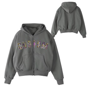 Sweat à capuche personnalisé avec lettres en strass, coupe ample et épaisse, épaules tombantes, broderie vieillie, effet délavé avec strass - Product Image 3