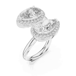 Bague de fiançailles unisexe Toi et Moi en or massif 18 carats avec deux diamants de laboratoire taille poire, couleur E, pureté VVS VS, et bande pavée - Product Image 4