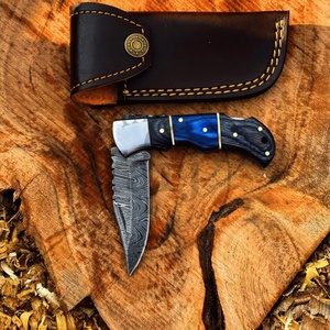 Handmade Damascus Industrial Grade Folding Knife Blue Wood Handle <b>Drop</b> Point Blade 3-Year Warranty Pocket Knife Leather Pouch - Product Image 6