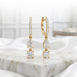 1.40 CTW Round and Pear <b>Diamond</b> Two-Stone Huggie Drop <b>Earrings</b> - Product Image 3
