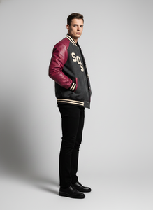 Veste de sport en laine et cuir sur mesure pour homme - Charbon, Magenta et Crème - Broderie en chenille - Product Image 4