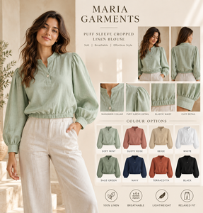 Women Linen Cotton Woven Crop <b>Blouse</b> Crew Neck Long Sleeve Button Front Shirt Regular Fit Lightweight <b>Summer</b> Casual - Product Image 2