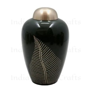 Black Metal Cremation Urn Round Memorial Keepsake <b>Casket</b> with Metallic Lid Decorative Tabletop <b>Ash</b> Urn - Indian Home Crafts - Product Image 4