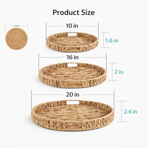 Wholesale Set Water Hyacinth <b>Large</b> Round Serving <b>Tray</b> for Food with Coasters for Kitchen, Dining Table, Entryway, Bedroom - Product Image 2