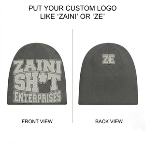 Mens Beanie <b>Cap</b> 100 Acrylic Knit Fabric 320 GSM Dark Grey Custom Embroidered Applique Satin Stitch Logo Winter <b>Hat</b> - Product Image 1