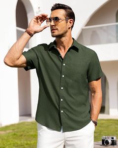 Camisas de Lino para Hombre, Manga Corta, con Botones, Sin Arrugas, Casuales, para Vacaciones, Playa, Verano, Ligeras - Product Image 1